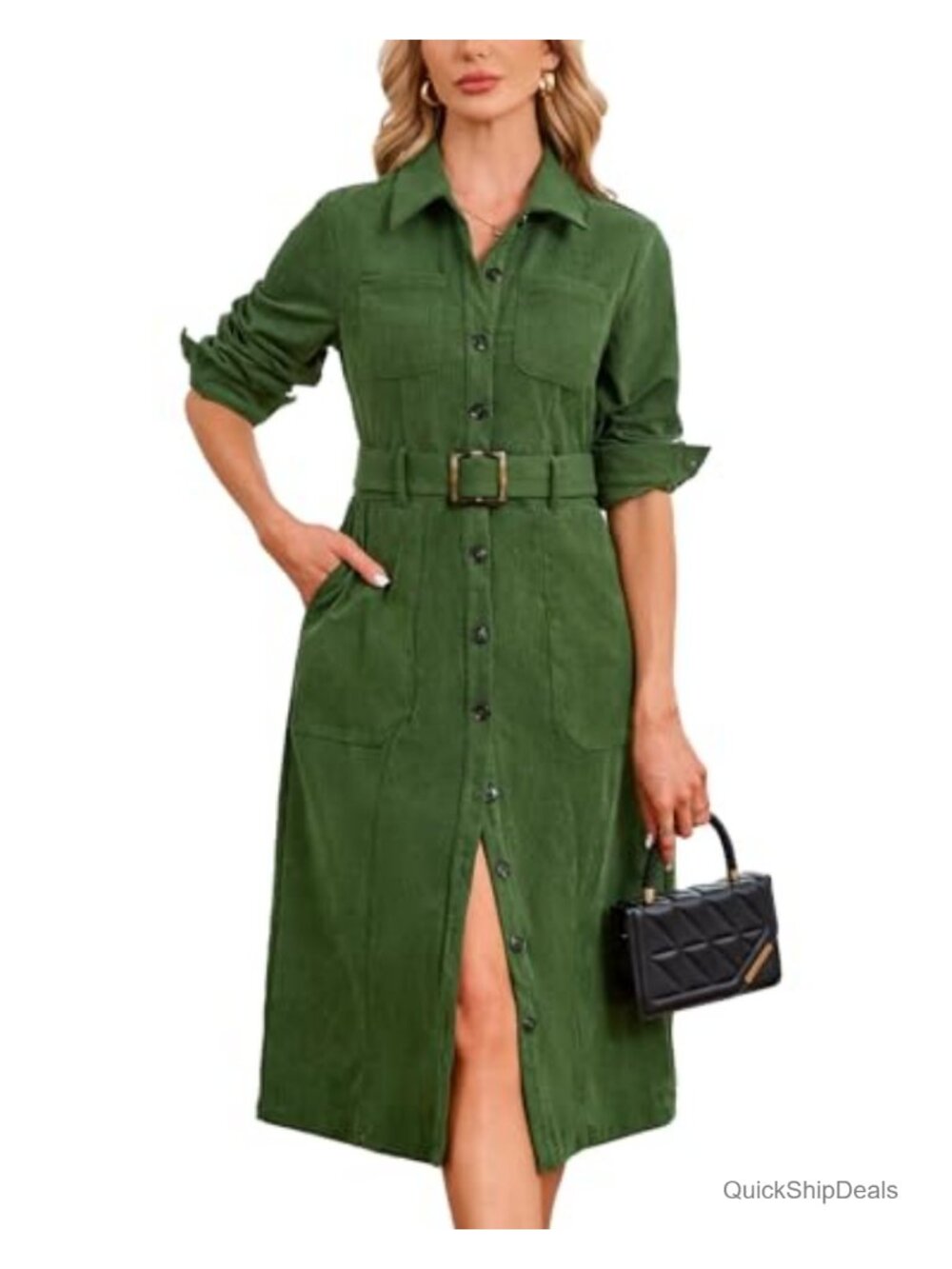 Corduroy Midi Dress Belted Button Down Long Sleeve Casual Shirt Dress